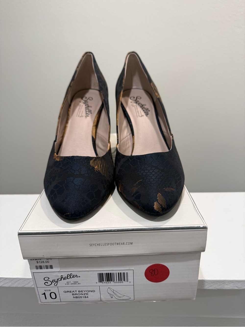 Seychelles Black Pumps with Bronze Floral Accents